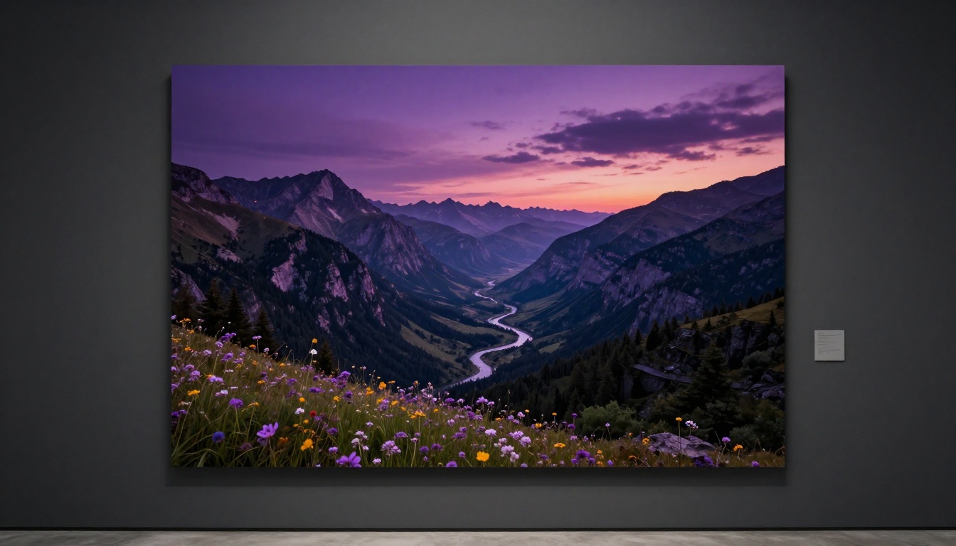 A photorealistic landscape print pinned to a dark gray exhibition wall under ambient gallery lighting, showing mountains, wildflowers, and a winding river