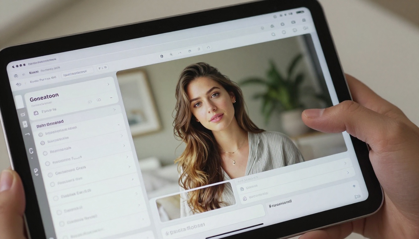 A close-up shot of a professional tablet screen showing an AI image generation platform with a completed photorealistic portrait displayed, held in a person's hand