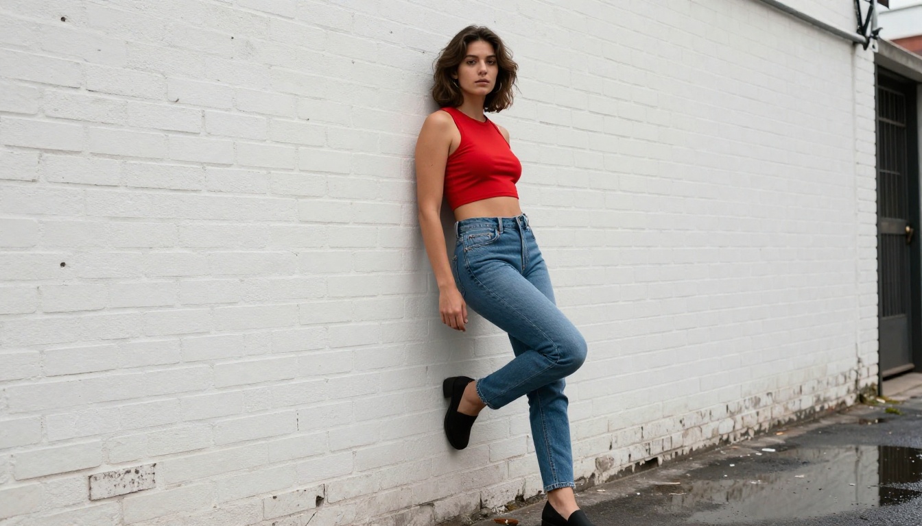 A fashion model in a stylish red crop top and high-waisted jeans leaning against a white-painted brick wall in an urban alley under soft overcast daylight