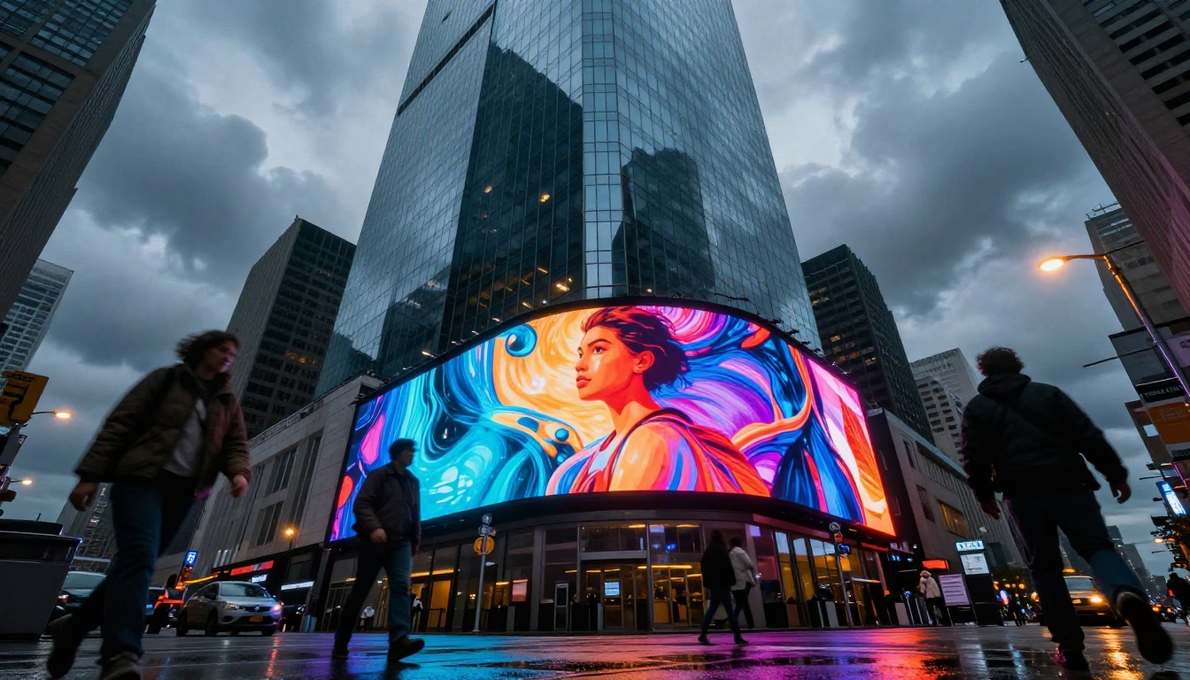 A dramatic low-angle shot looking up at a skyscraper glass facade while a digital billboard at street level displays vibrant AI-generated artwork, rain-wet pavement reflecting city lights