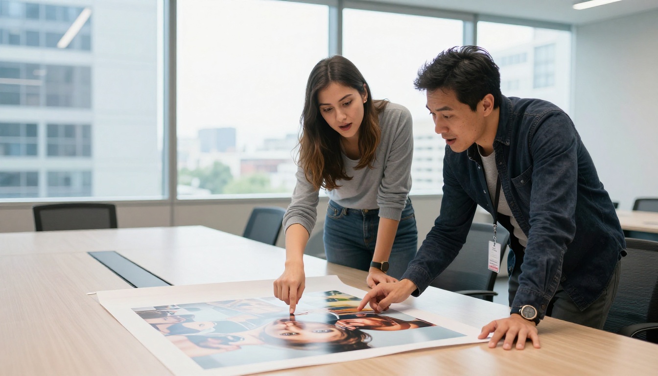 Two creative professionals leaning over a large format AI artwork printout on a conference table, pointing and discussing with expressions of excitement