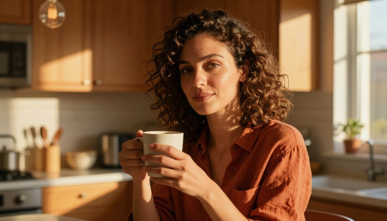A woman with natural curly hair in a rust-colored linen shirt holding a coffee mug in a warm sunlit kitchen, looking toward camera with a relaxed expression