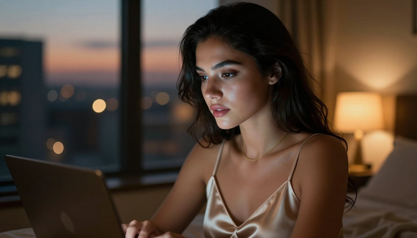 Woman illuminated by laptop screen glow in a softly lit bedroom at dusk