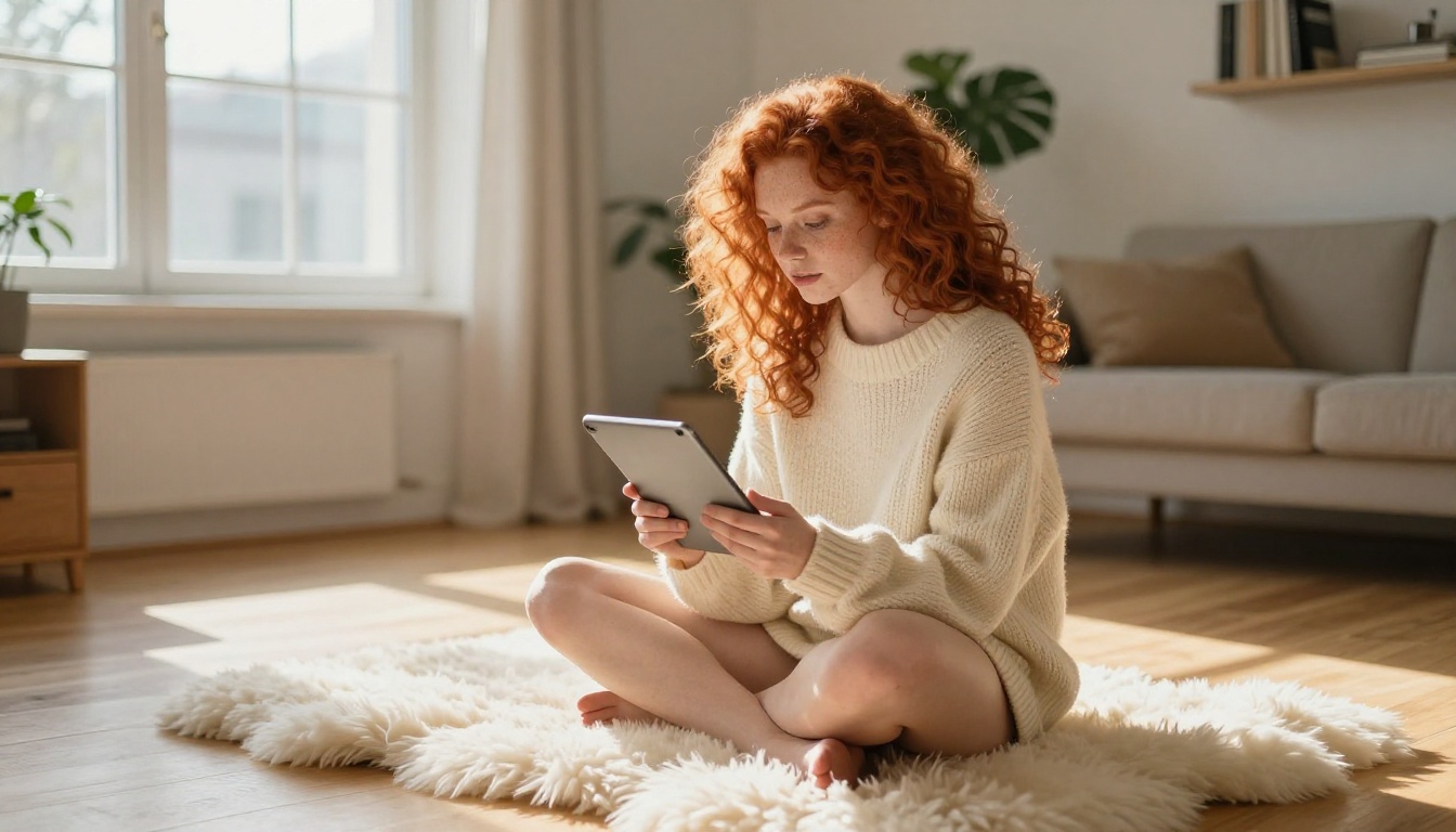 Woman with curly red hair reading on a white sheepskin rug in a sun-drenched living room