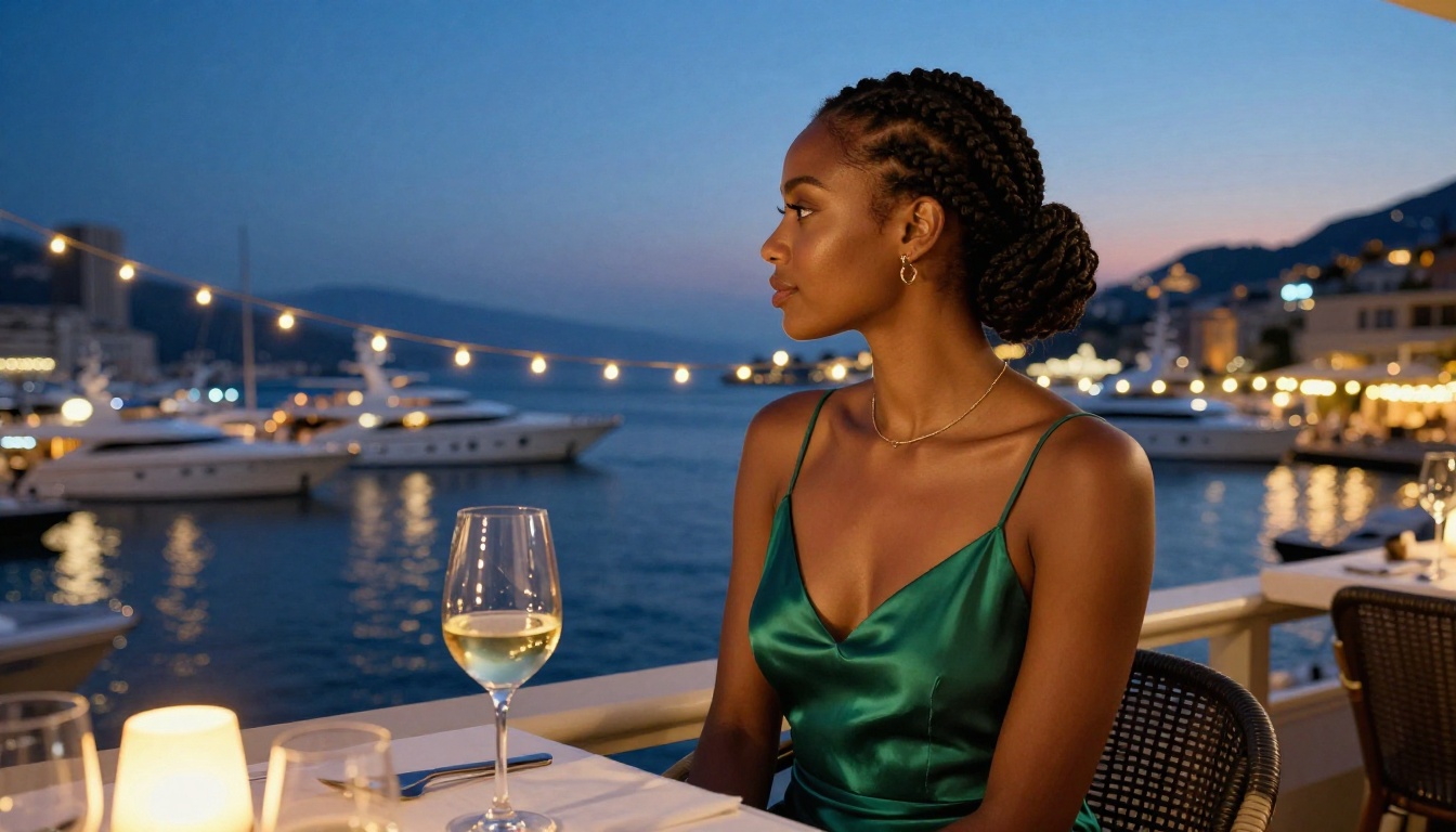 Elegant woman at a waterfront terrace overlooking Monaco harbor at dusk