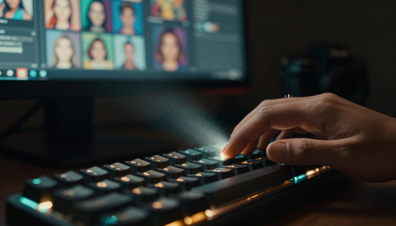 Close-up macro of a woman's hand typing on an illuminated mechanical keyboard in a dark room