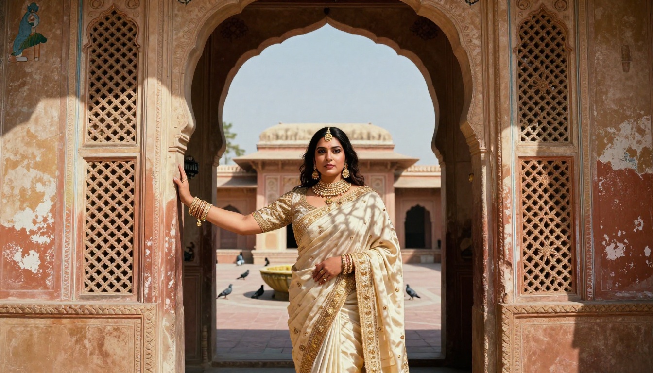 Woman in an ivory sari with gold embroidery in the arched doorway of a Rajasthani haveli