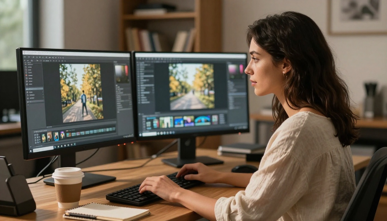 A woman creating AI content on her laptop in a warm creative studio setting