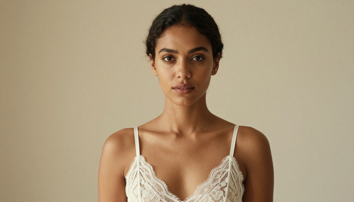 A woman with olive skin in a white lace bralette posing confidently in a photography studio with soft window lighting