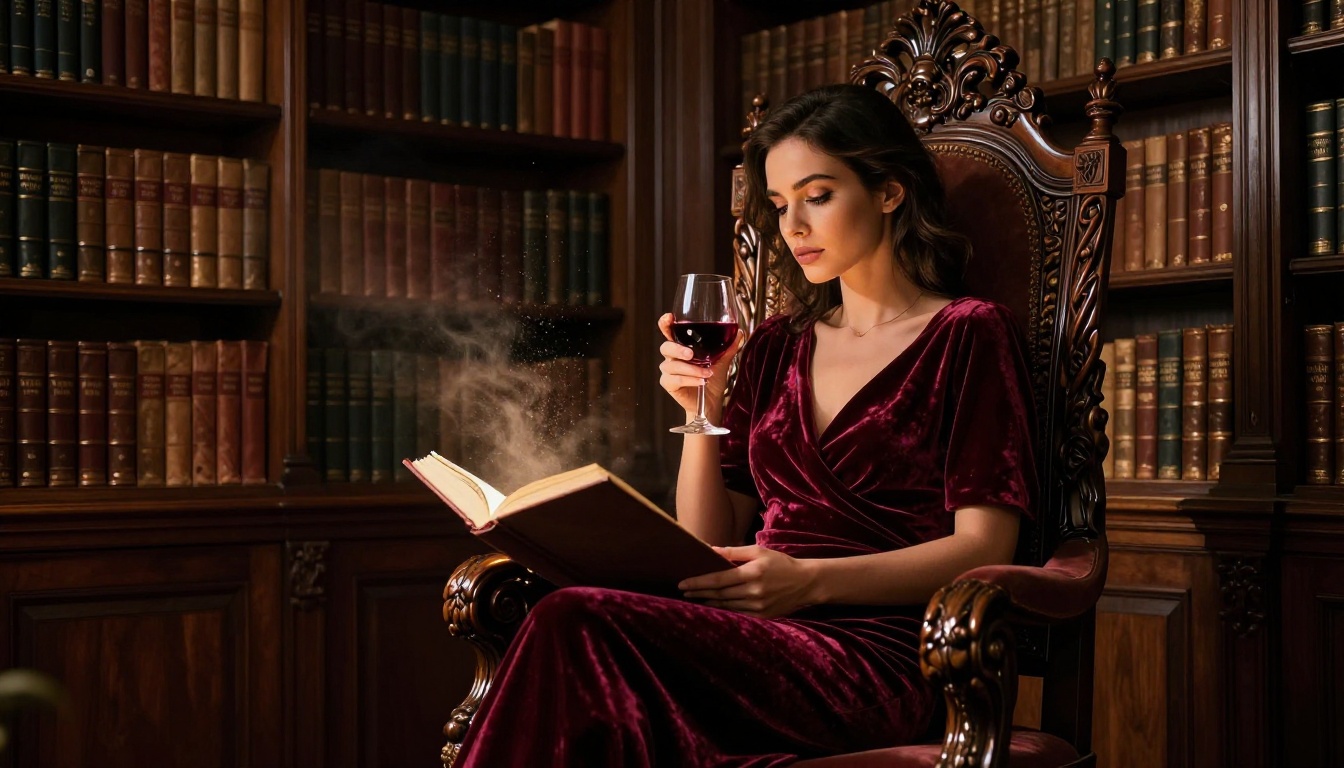 Woman in a burgundy velvet dress in a baroque private library with leather-bound books