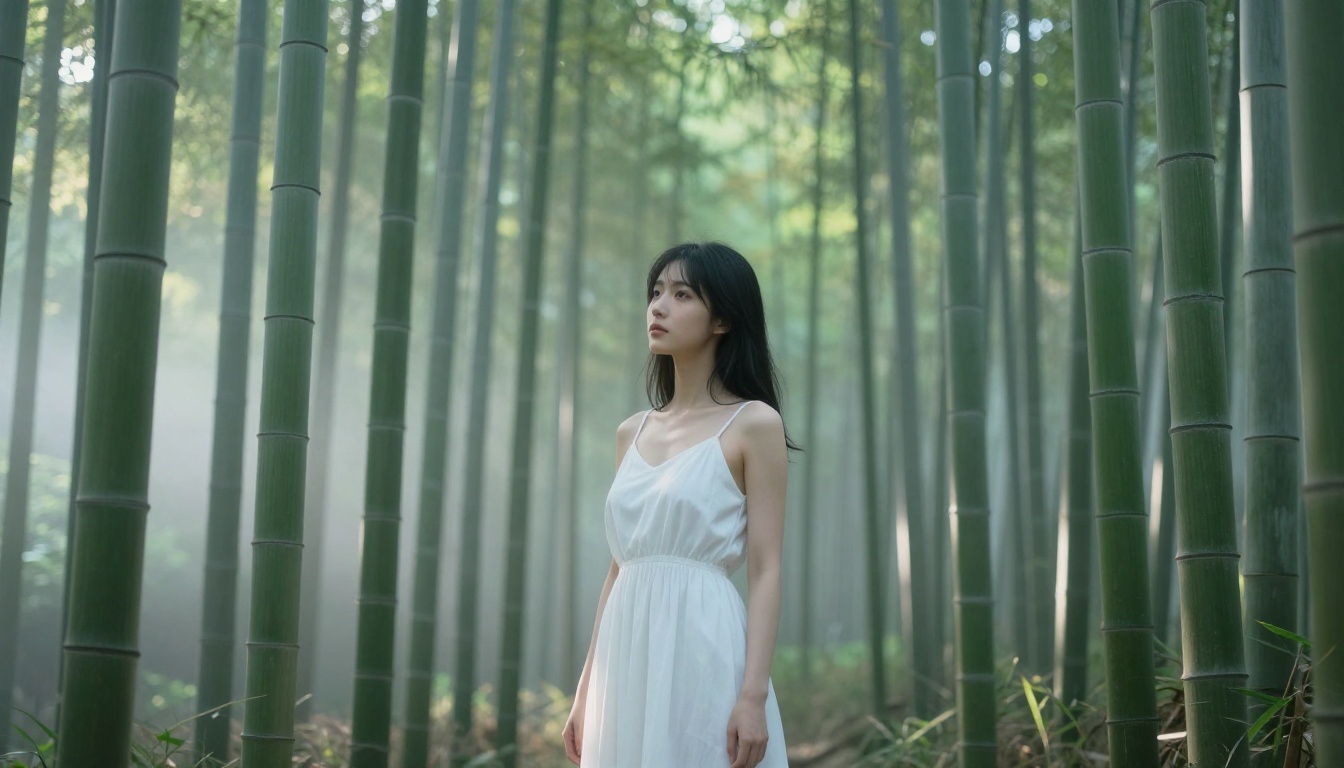 Woman in a white dress standing in a Kyoto bamboo grove at dawn, morning mist at knee height
