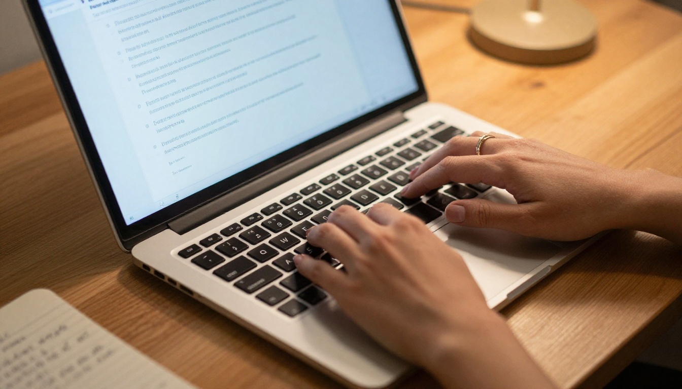A close-up of woman's hands typing a detailed AI image prompt on a laptop keyboard with warm amber lighting
