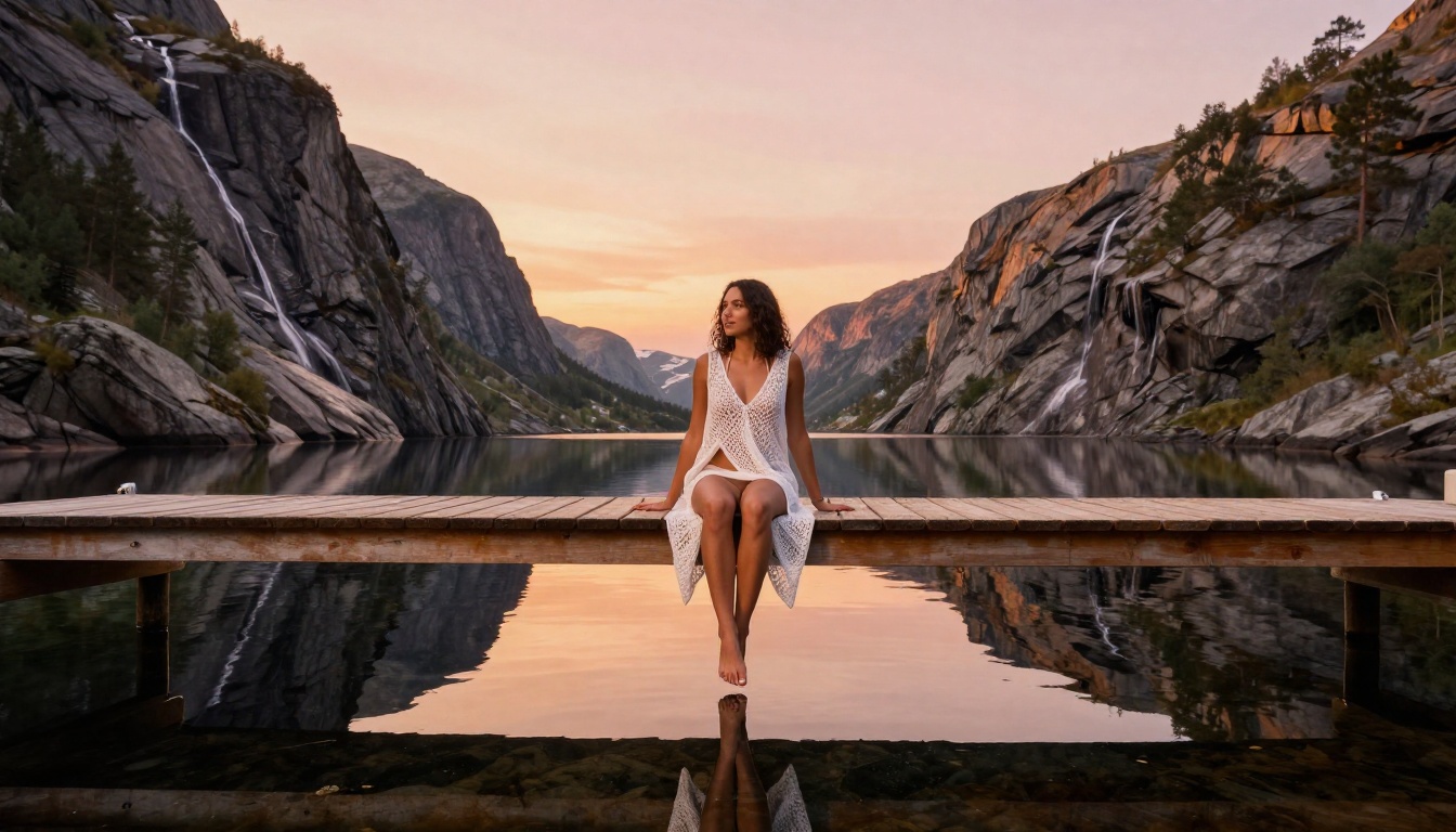 Woman seated on a sun-bleached dock over a perfectly still Norwegian fjord at golden hour