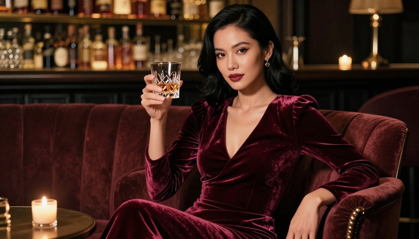An elegant woman in a deep burgundy velvet cocktail dress in a dimly lit luxury bar with candlelight, representing the cinematic quality achievable with Seedream 4.5