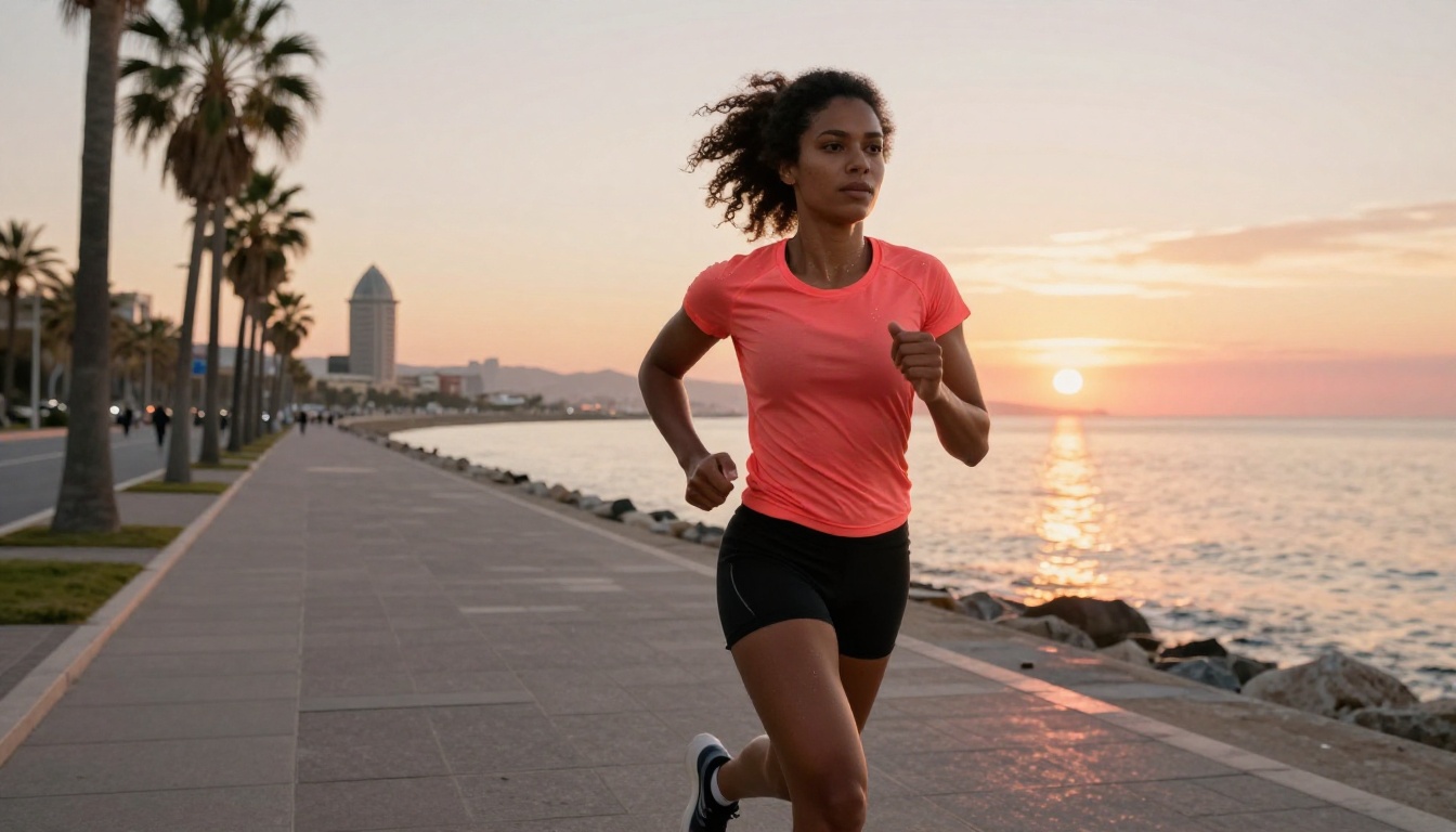 Athletic woman jogging along the Barcelona waterfront promenade at sunrise