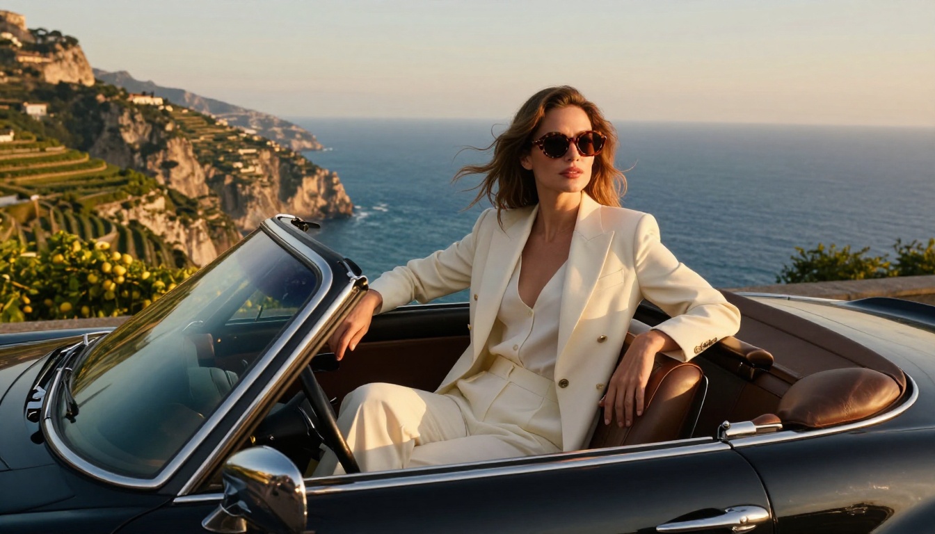 Glamorous woman in a white pantsuit in a vintage convertible on a clifftop with an Amalfi Coast view