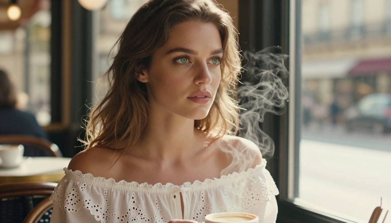 A woman with striking green eyes in a delicate off-shoulder blouse sitting at a Parisian cafe window seat in warm morning light