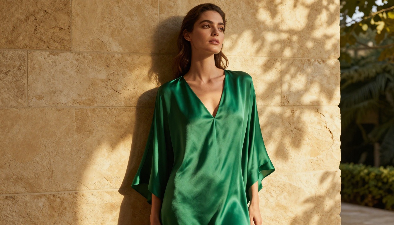 Fashion editorial portrait in flowing emerald silk dress against a textured stone wall, showing image-to-image transformation quality