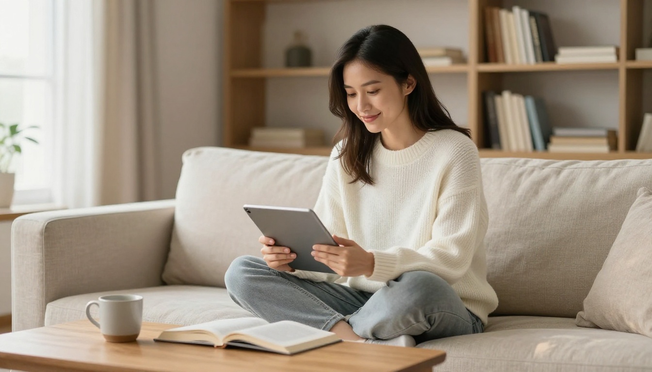 Beautiful woman evaluating AI image generator pricing and value on a tablet in a comfortable modern living room