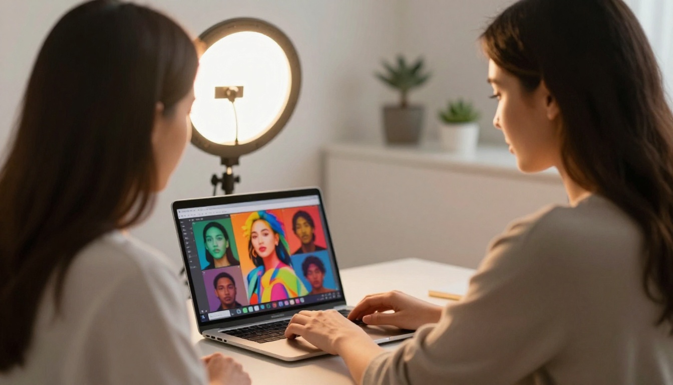 Over-the-shoulder view of creative professional using the Seedream 4.5 generation interface on a laptop in a studio