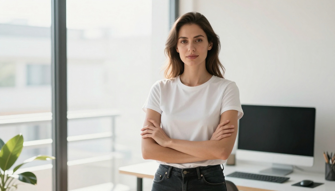 Confident woman in a bright modern home office representing creative freedom and unrestricted AI generation