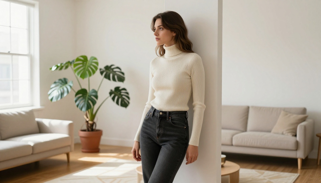 Stylish woman in minimalist apartment interior, showcasing the realistic conversion quality of Grok Imagine Image