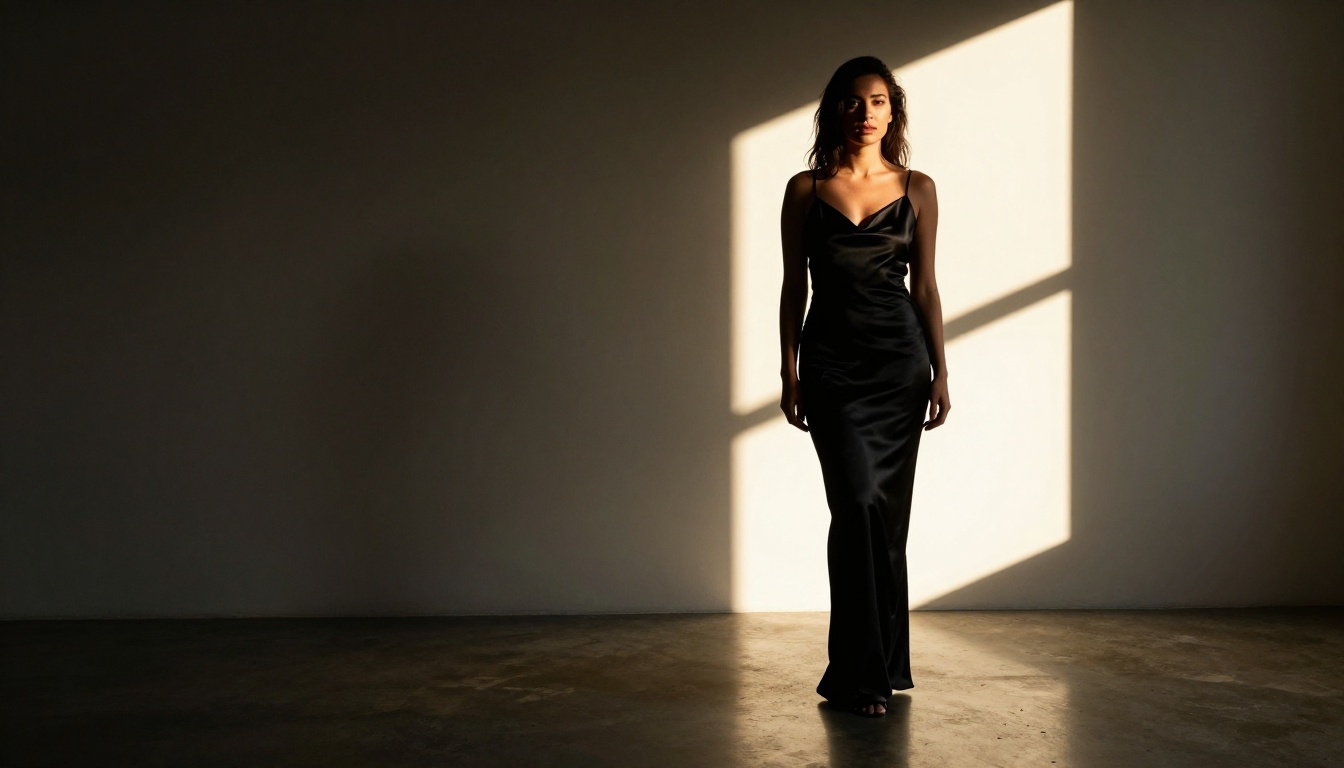 Dramatic portrait of woman with a single beam of window light illuminating her face and satin dress, showing Recraft V4 photorealism
