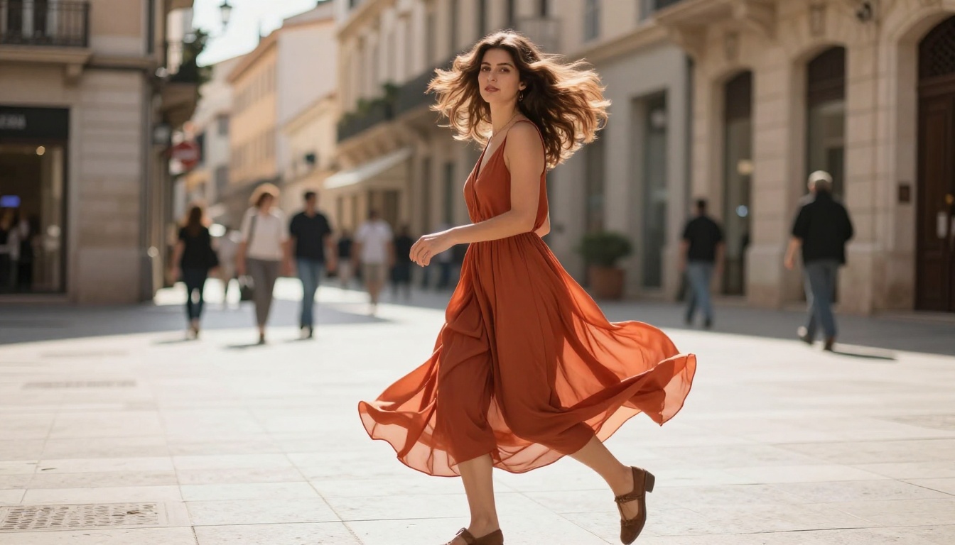 Woman mid-stride through a sunlit urban plaza with hair in natural motion, demonstrating the dynamic realism achievable with AI video models