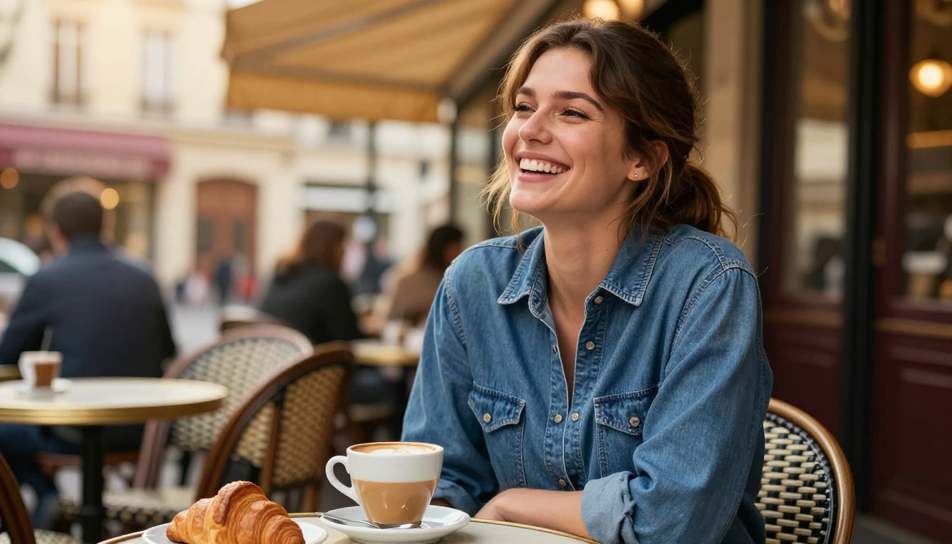 Woman laughing naturally at an outdoor Parisian-style café table, showing the candid human quality achievable with these NSFW AI generators