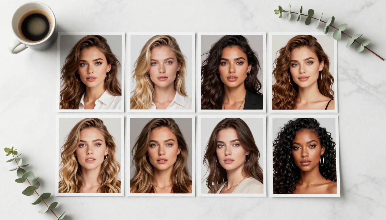 Flat lay overhead composition of multiple glossy AI-generated portrait photographs arranged on white marble, showing the variety achievable