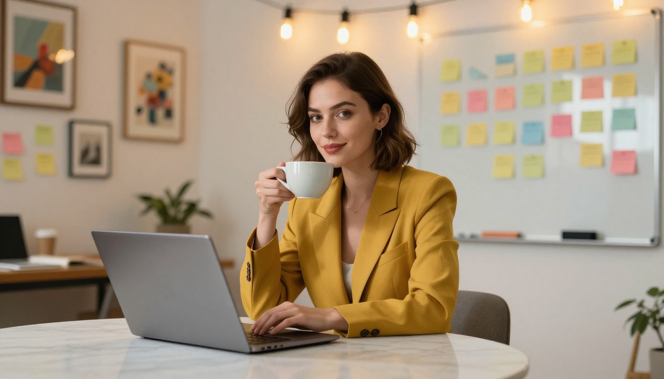 Woman in mustard blazer at a creative studio workspace demonstrating the complete Seedream 4.5 generation workflow