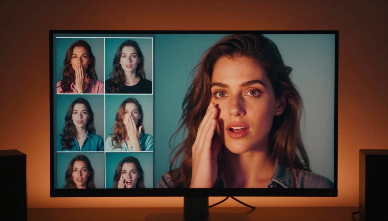 Woman's face dramatically illuminated by warm colorful screen glow, showing inspiration and awe from the quality of AI-generated imagery
