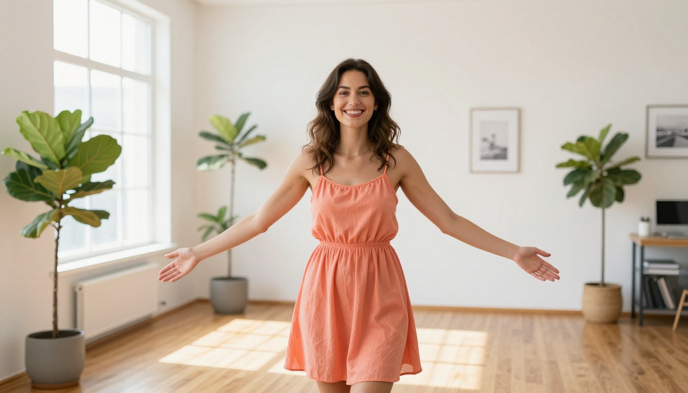 Woman in a bright airy creative workspace with arms open in a natural welcoming gesture, inviting readers to start generating their own NSFW AI imagery