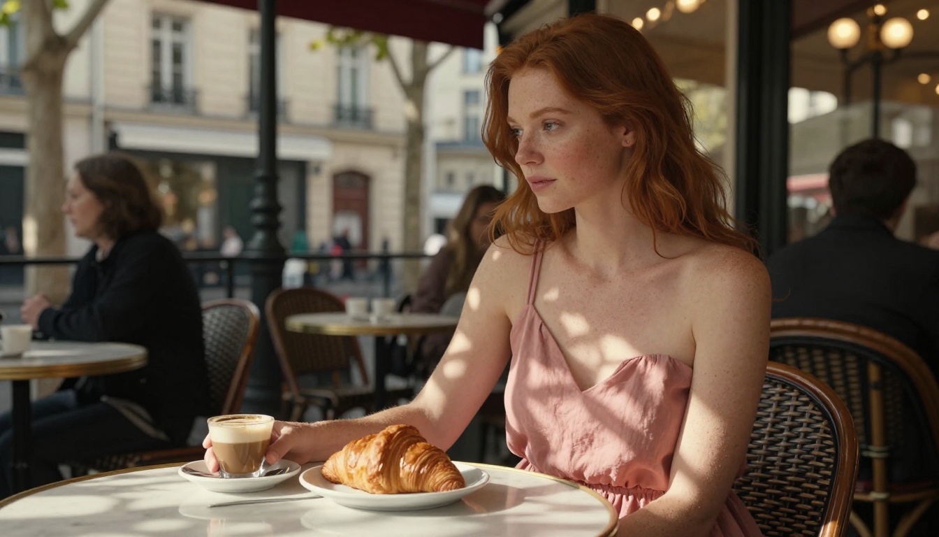 Redhead woman at Paris café terrace, dusty rose sundress off one shoulder, dappled morning light through plane trees, Canon R5 85mm f/1.4, 8K