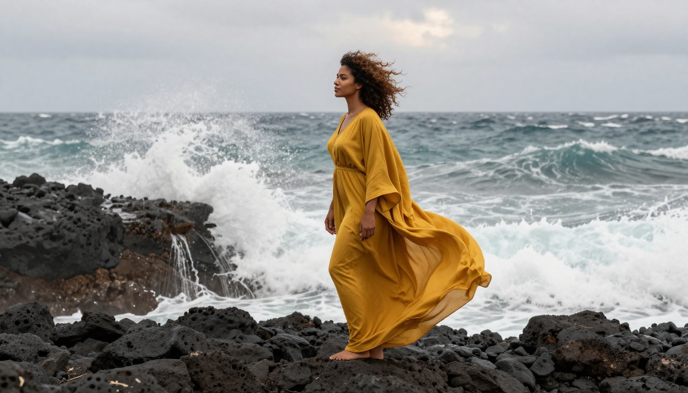 Woman in mustard yellow kaftan on Moroccan rocky promontory, Atlantic waves crashing behind, overcast silver light, Nikon Z9 100mm, 8K
