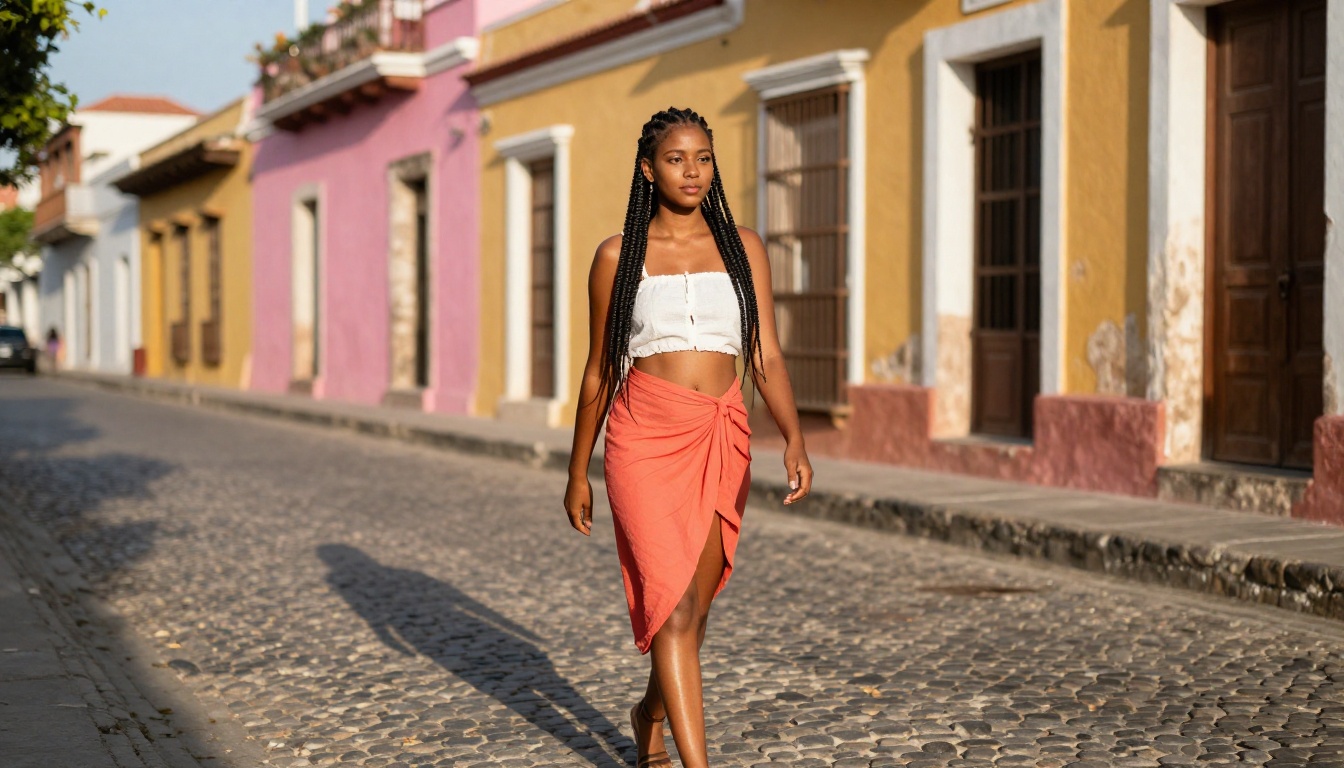 Dark-skinned woman walking Cartagena cobblestone street, vibrant colonial architecture, tropical afternoon light, Sony 85mm, 8K