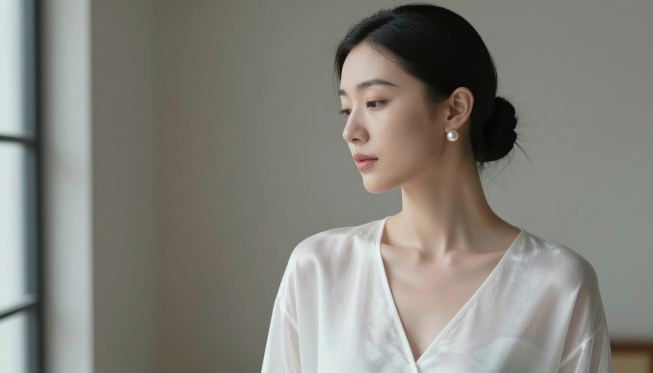 East Asian woman in minimalist Japanese studio, sheer white silk blouse, north window light, pearl earring, Leica M11 50mm, 8K