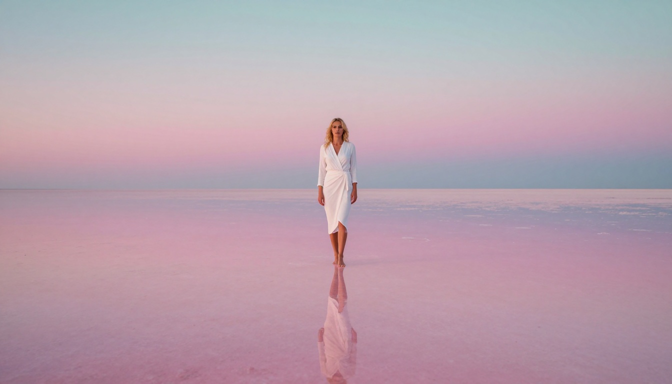 Tall woman standing alone on vast Bolivia salt flat at dawn, white wrap dress, pink reflective surface mirroring sky, ultra-wide lens, 8K