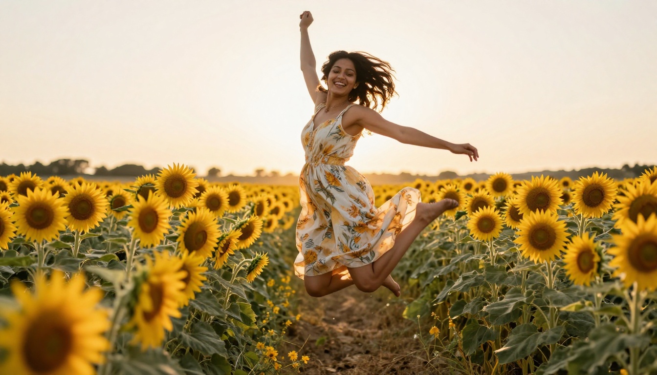 South Asian woman leaping in Provence sunflower field, backlit hair halo, natural laughter, Sony 70-200mm, 8K