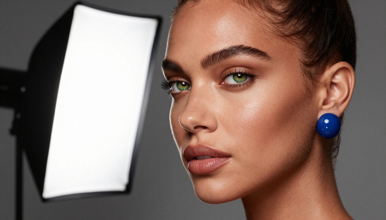 Glamour editorial close-up of green-eyed woman with copper skin, sapphire earrings, butterfly lighting, Leica SL2 100mm macro, 8K