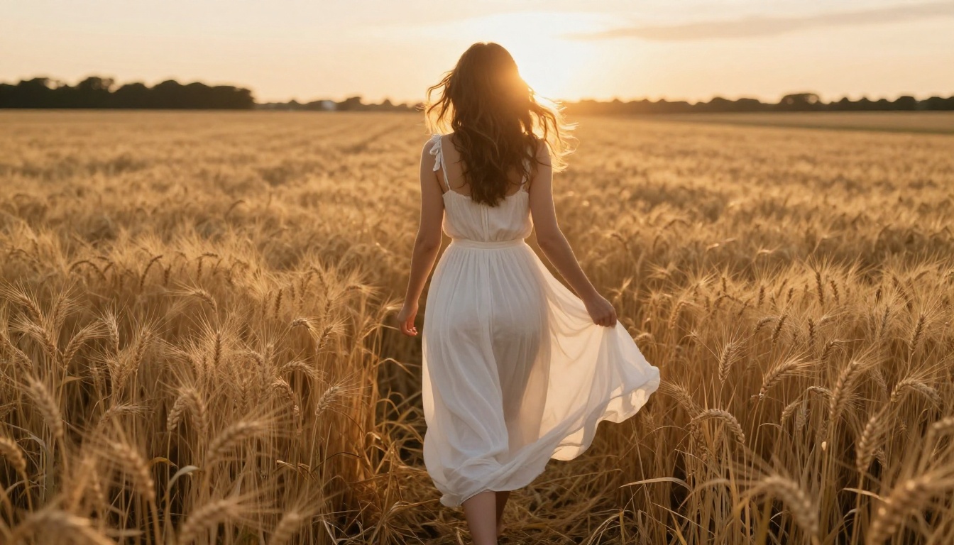 Woman in flowing white sundress walking through golden wheat field at dusk, warm backlight