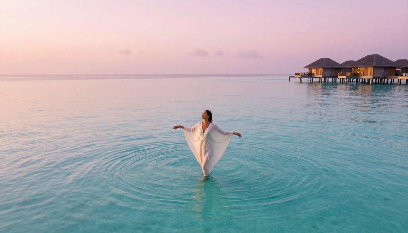 Woman in flowing ivory kaftan standing waist-deep in Maldives turquoise water at dawn, fabric floating on surface, overwater bungalows in mist, 8K