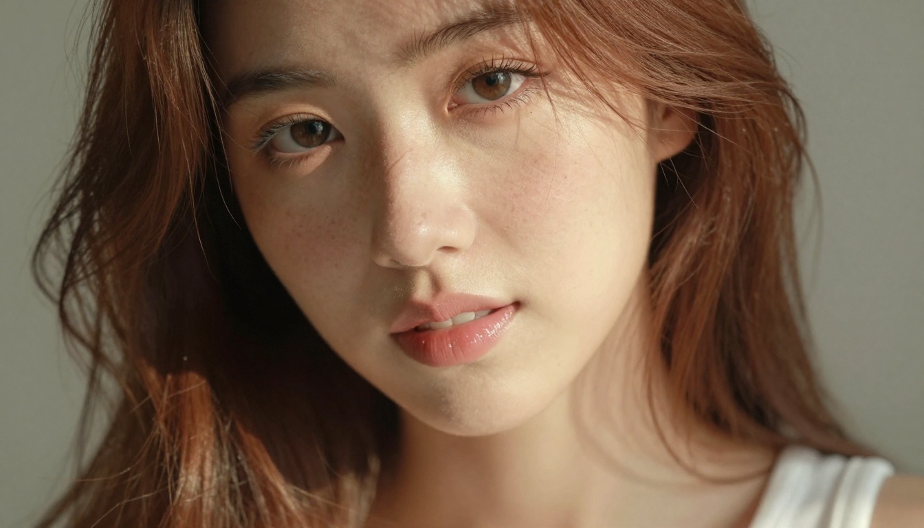 Close-up portrait of woman with freckles and auburn hair, extreme shallow depth of field, natural smile