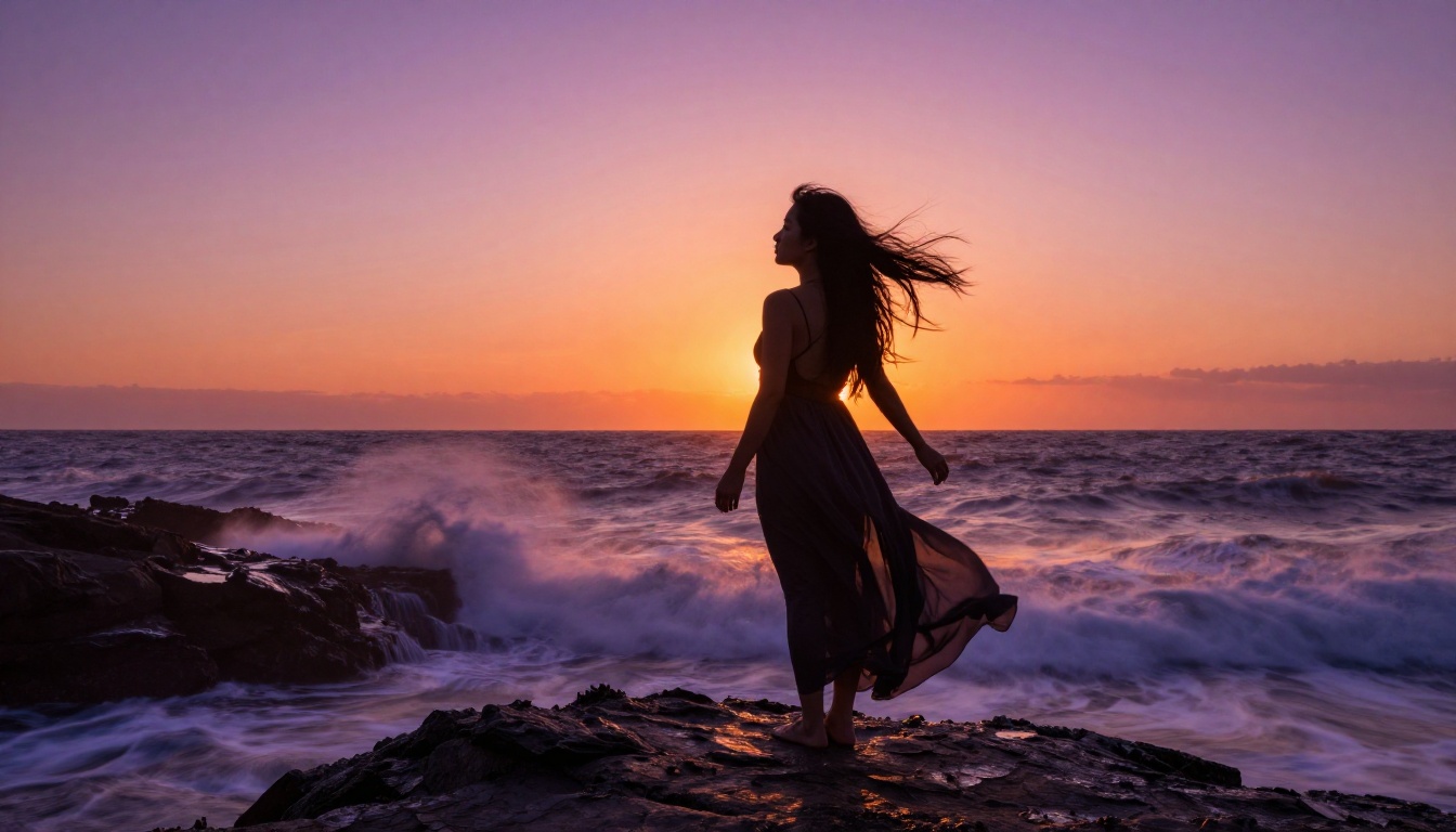 Woman silhouetted on rocky ocean cliff at sunset, hair blowing in wind, vast ocean horizon behind her