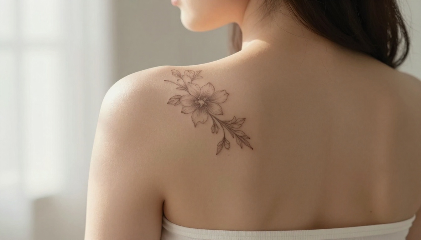 Close-up detail of woman's bare back, delicate floral tattoo on shoulder blade, morning window light