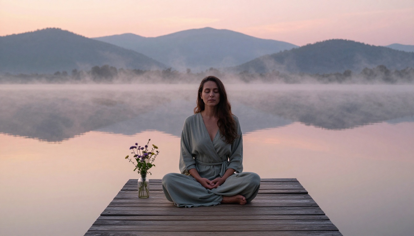 Woman on wooden pier at dawn over misty lake, mountain reflections, sage green dress