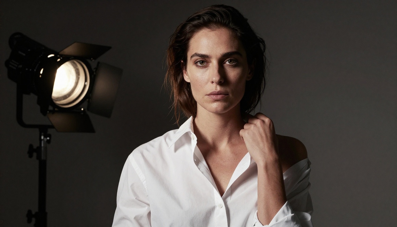Dramatic studio portrait under single overhead bulb, woman in open white shirt, intense gaze