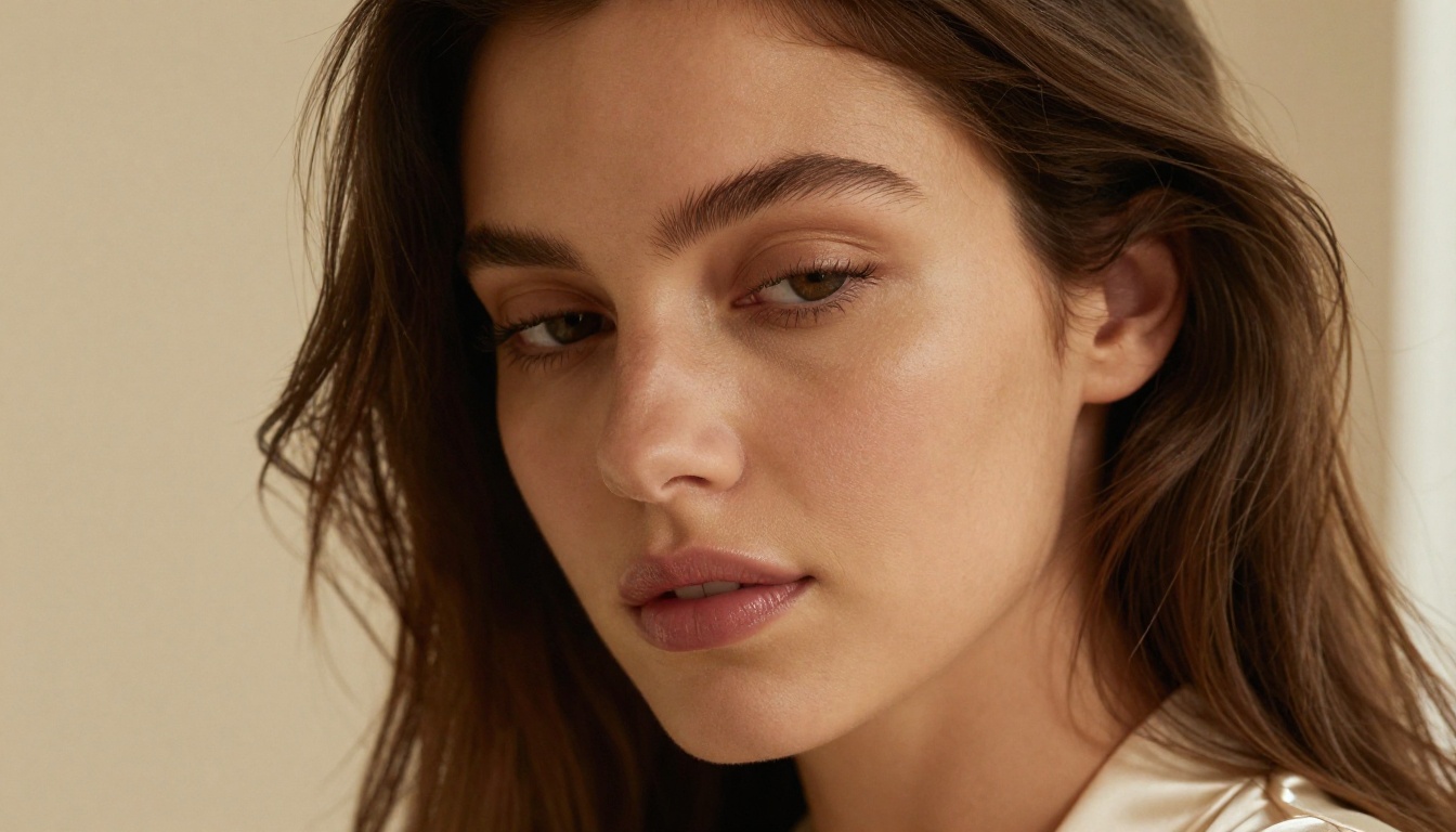 Close-up portrait of a woman with natural makeup in soft morning window light