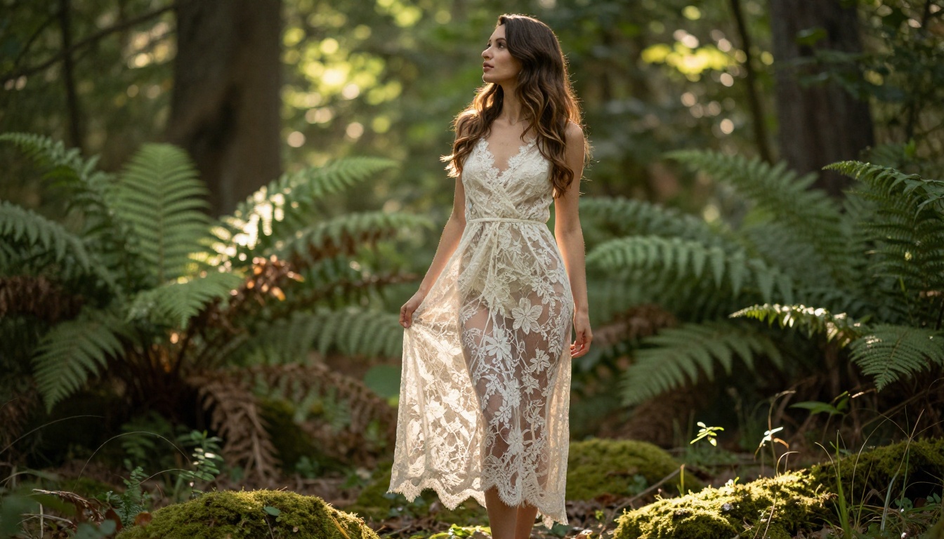 Woman in sheer lace dress standing in sunlit forest with dappled light through the canopy