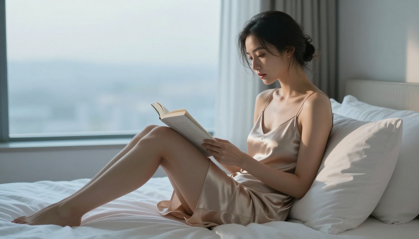 Woman in champagne silk slip dress sitting on luxury hotel bed reading in morning light Woman in champagne silk slip dress sitting on luxury hotel bed reading in morning light